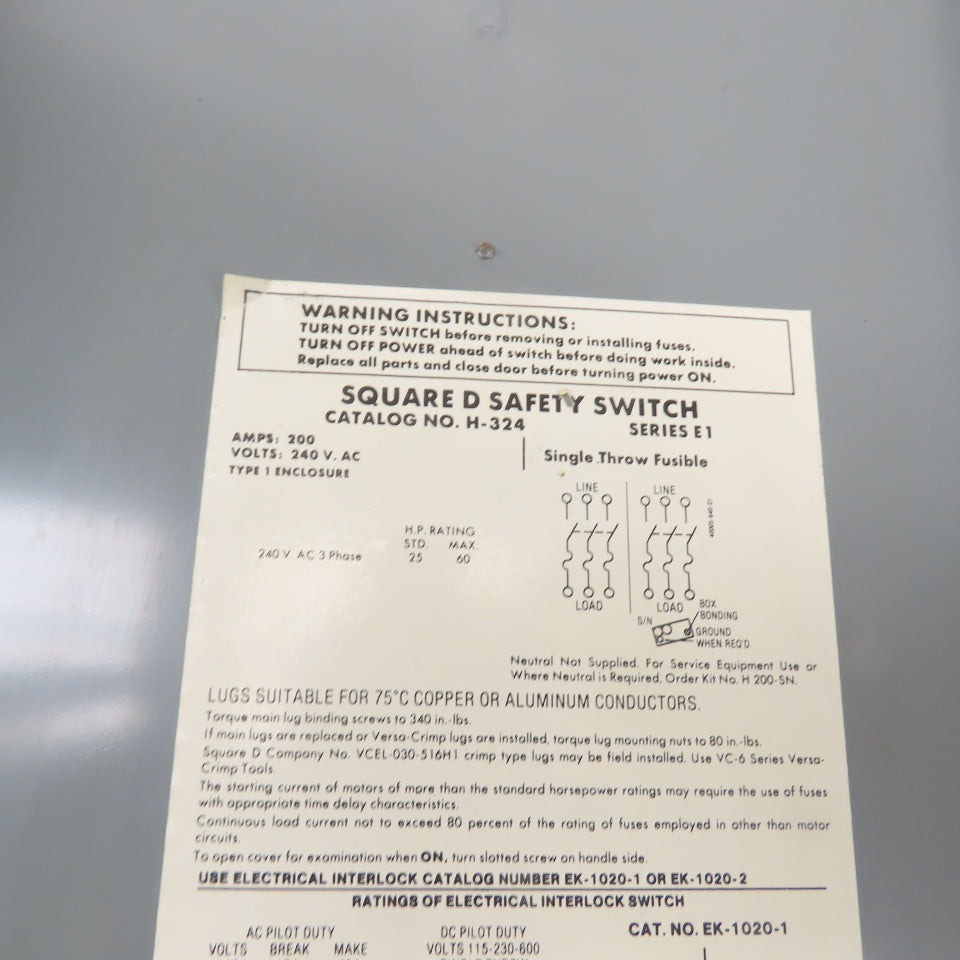 Square D H-324 200A 3-Pole Single Throw Fusible Safety Disconnect Switch 240VAC