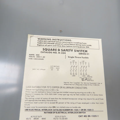 Square D H-324 200A 3-Pole Single Throw Fusible Safety Disconnect Switch 240VAC