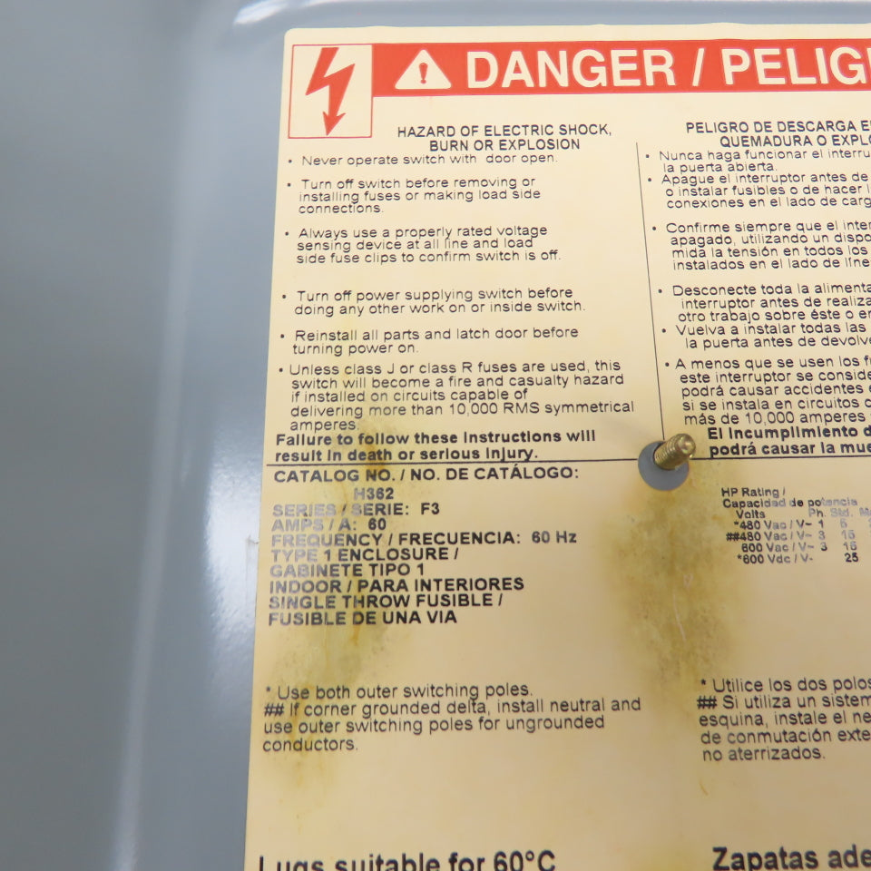 Square D H362 60A 3-Pole Fusible Safety Disconnect Switch 600V