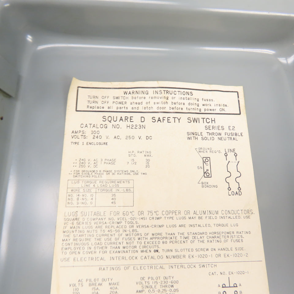 Square D H223N 100A 2-Pole Single Throw Fusible Safety Disconnect Switch 240V