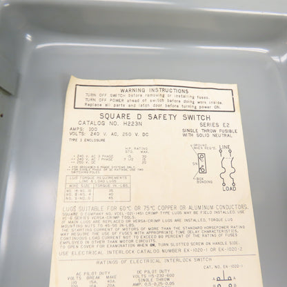 Square D H223N 100A 2-Pole Single Throw Fusible Safety Disconnect Switch 240V