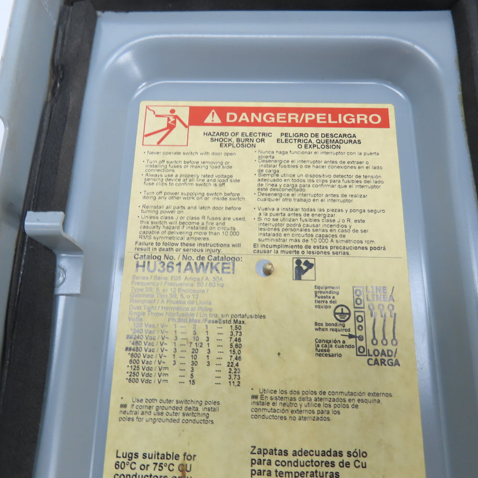 Square D HU361AWKEI 30A 3-Pole Non-Fusible Safety Disconnect Switch 600VAC 3Ph