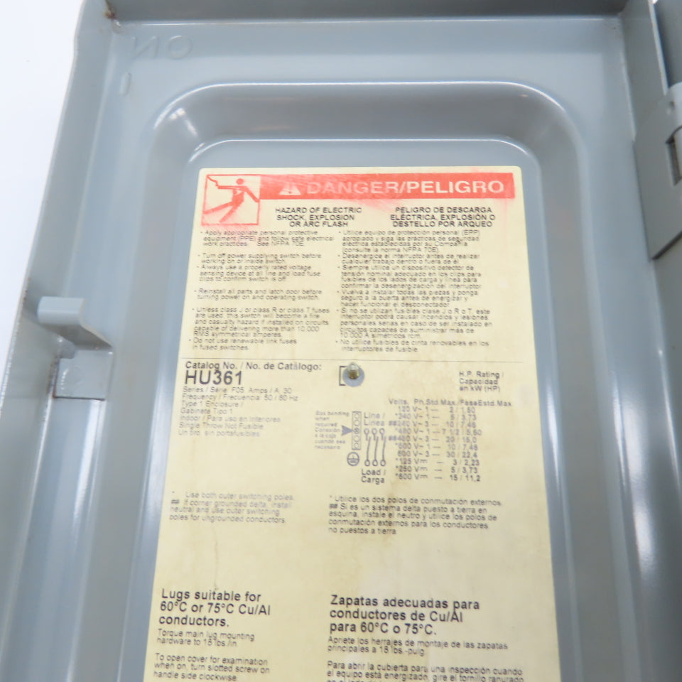 Square D HU361 30A 3-Pole Non-Fusible Heavy Duty Safety Disconnect Switch 600V