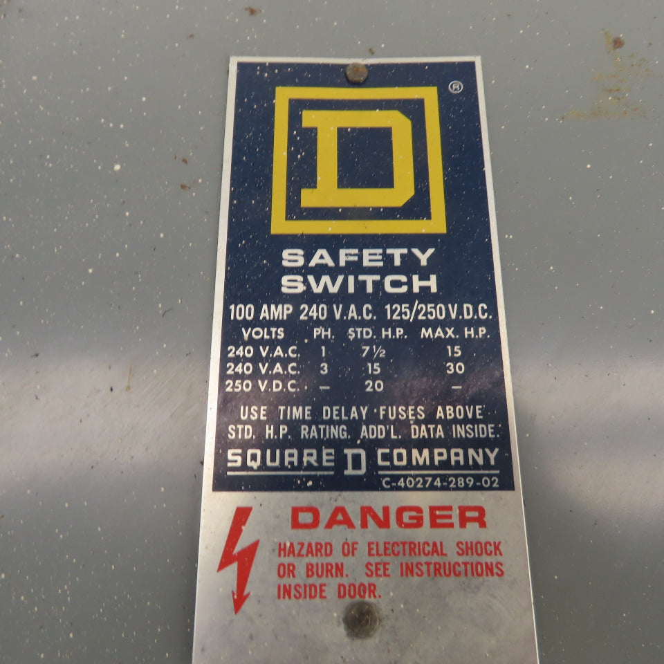 Square D 100A 2-Pole Fusible Safety Disconnect Switch 240VAC