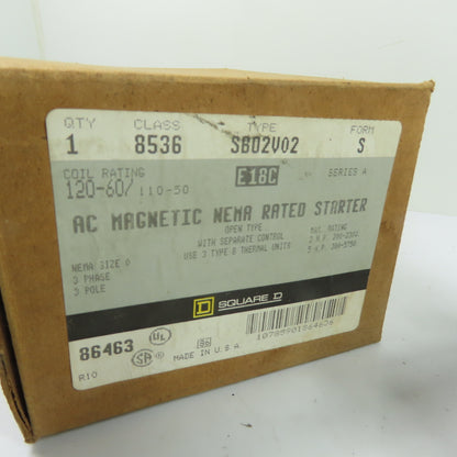 Square D 8536 SB02V02 NEMA Size 0 Magnetic Motor Starter 120V Coil NEW