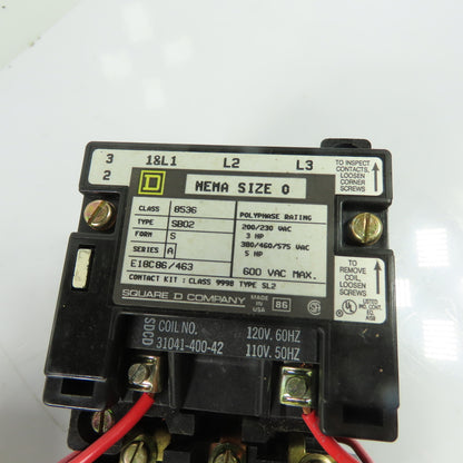 Square D 8536 SB02V02 NEMA Size 0 Magnetic Motor Starter 120V Coil NEW
