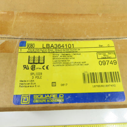 Square D 9080LBA364101 420A 3-Pole Power Distribution Block 600V NEW