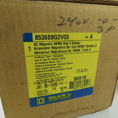 Square D 8536SBG2V03 3-Pole NEMA Size 0 AC Magnetic Motor Starter 240V Coil