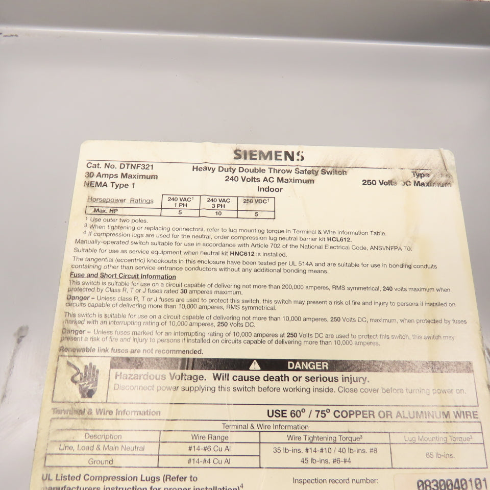 Siemens DTNF321 30A 3-Pole Double Throw Safety Disconnect Switch 240VAC