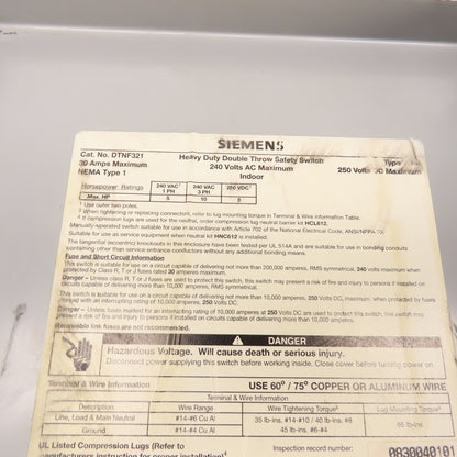 Siemens DTNF321 30A 3-Pole Double Throw Safety Disconnect Switch 240VAC