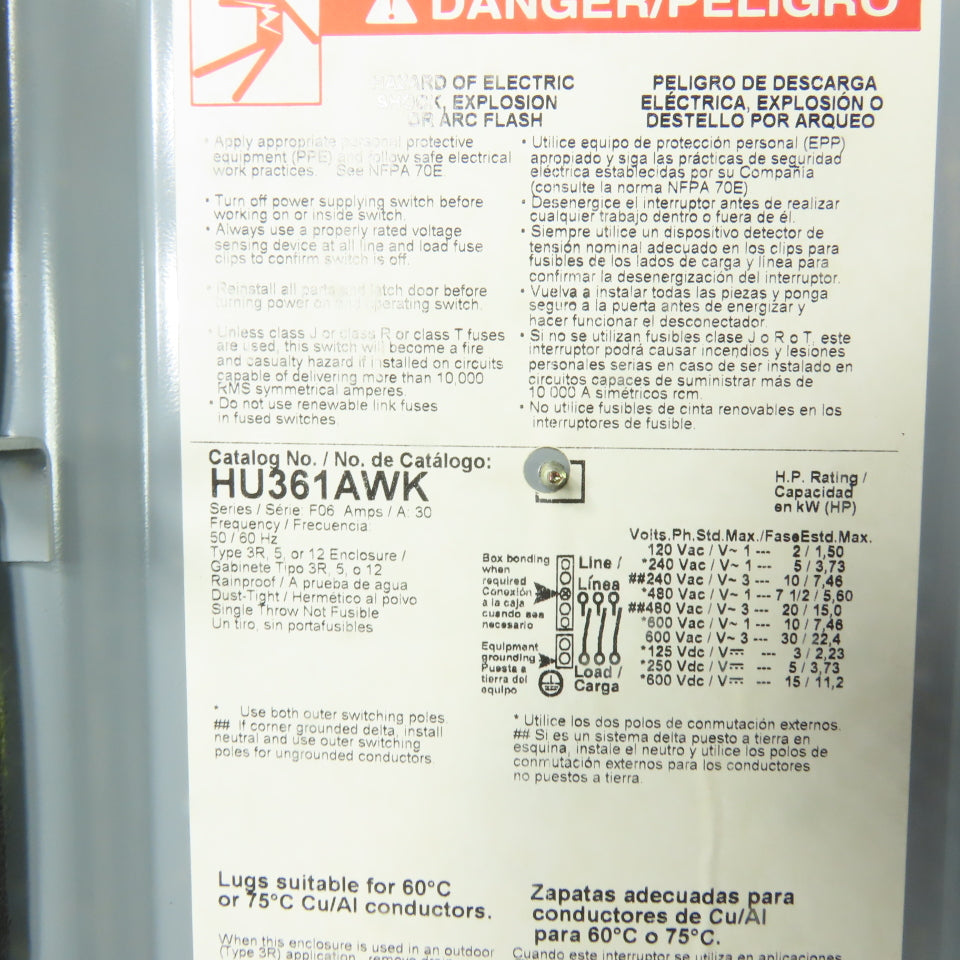 Square D HU361AWK 30A 3-Pole Non-Fusible Safety Disconnect Switch 600VAC