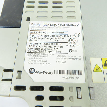 Allen-Bradley 22F-D8P7N103 5HP AC Variable Frequency Drive 480V 3Ph Ser A