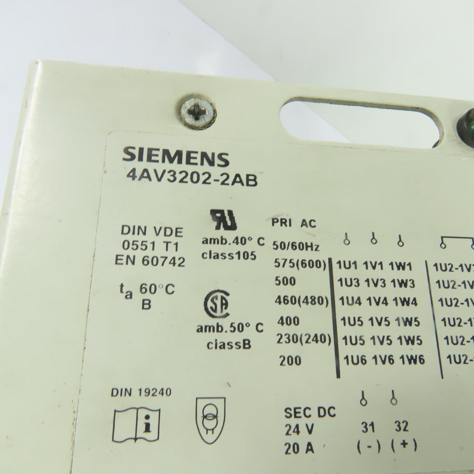 Siemens 9160050 4AV3202-2AB 3Ph Multi-Tap Transformer 200-575VAC Pri 24VDC Sec