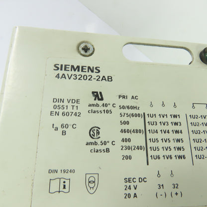 Siemens 9160050 4AV3202-2AB 3Ph Multi-Tap Transformer 200-575VAC Pri 24VDC Sec