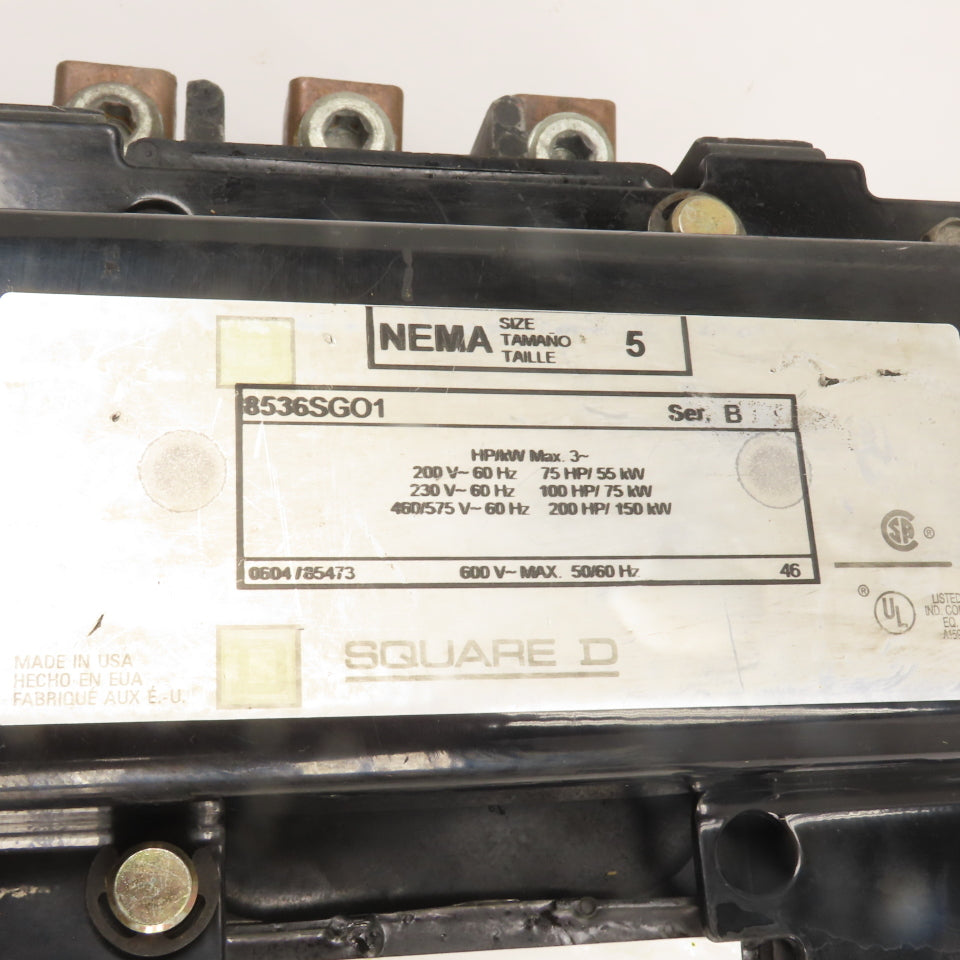 Square D 8536SGO1 NEMA Size 5 3-Pole Magnetic Motor Starter 440-480V Coil 200HP