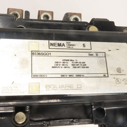 Square D 8536SGO1 NEMA Size 5 3-Pole Magnetic Motor Starter 440-480V Coil 200HP