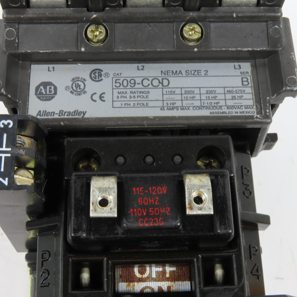 Allen-Bradley 509-COD NEMA Size 2 Motor Starter 45A 600VAC Max 115-120V Coil