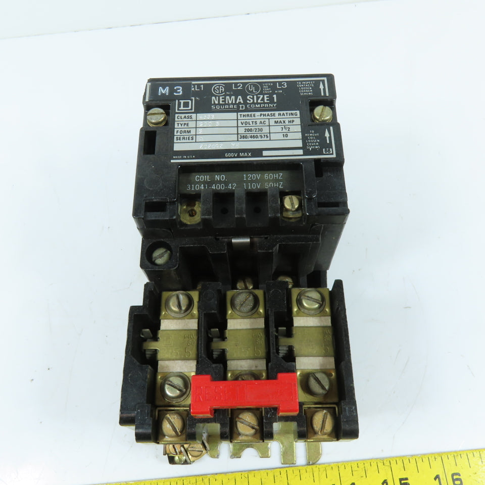 Square D 8536SCO3 NEMA Size 1 3-Pole Magnetic Motor Starter 600V