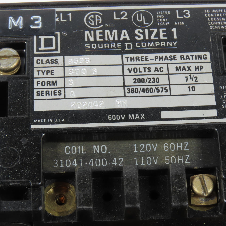 Square D 8536SCO3 NEMA Size 1 3-Pole Magnetic Motor Starter 600V