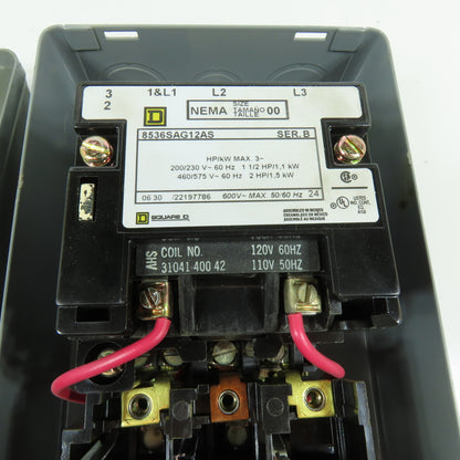 Square D 8536SAG12AS NEMA Size 00 3-Pole Magnetic Motor Starter 120V Coil