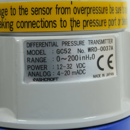 Ashcroft GC527F0242CD200IW Differential Pressure Transmitter 0-200" WC 12-32VDC