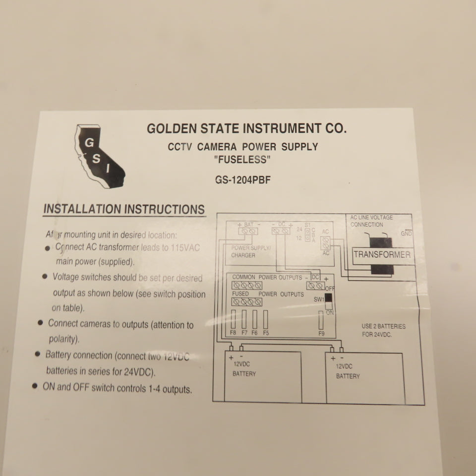 Golden State Instrument Co. GS-1204PBF CCTV Camera Power Supply Battery Charger