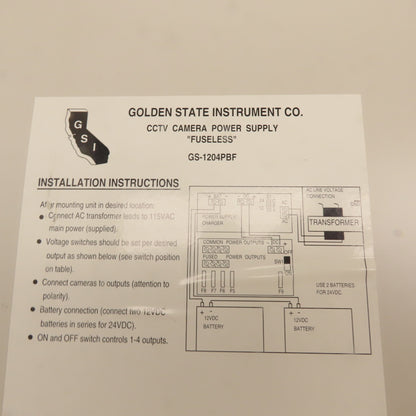 Golden State Instrument Co. GS-1204PBF CCTV Camera Power Supply Battery Charger