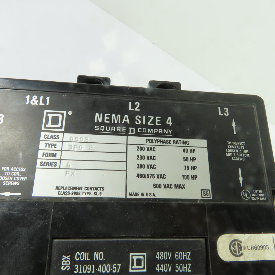 Square D 8502SF02 Nema Size 4 Motor Starter 100HP 480V Coil 600V Max