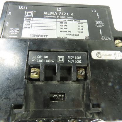 Square D 8502SF02 Nema Size 4 Motor Starter 100HP 480V Coil 600V Max