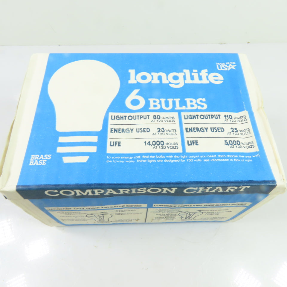 Longlife 7D-A196-1SE 25W Incandescent Light Bulbs Brass Base 130V Lot Of 6