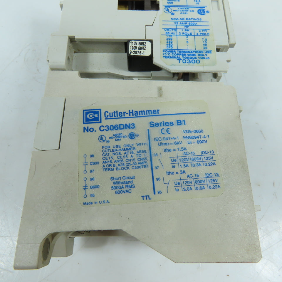 Cutler-Hammer AE16FN0 32A 3-Pole Contactor w/Overload Relay 110/120V Coil