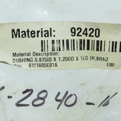 Bronze Sleeve Bushing 7/8" ID x 1-1/4" OD x 1" Long Lot Of 6