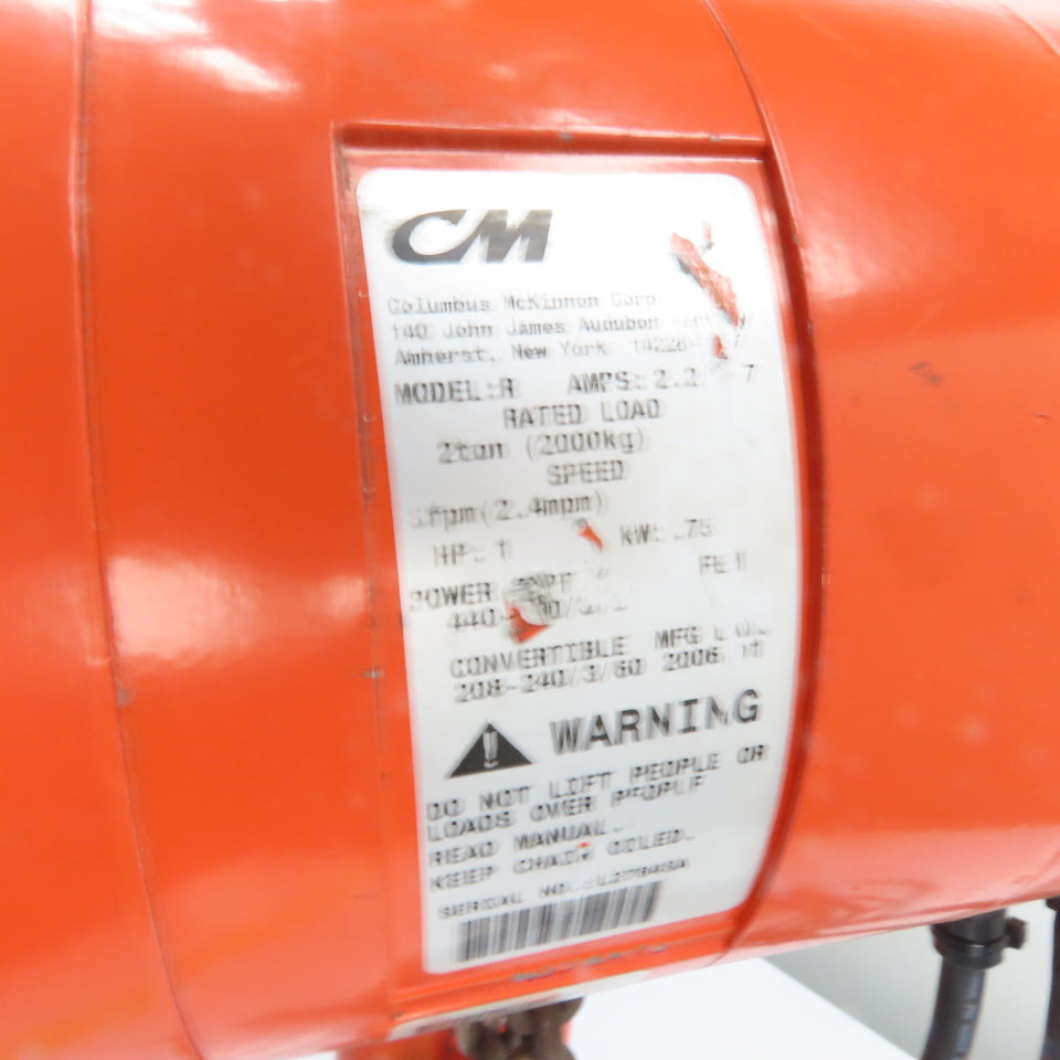 CM Lodestar Model R 2 Ton 4000LB Electric Cain Hoist 10' Lift 8FPM 240/440V 3Ph