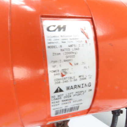 CM Lodestar Model R 2 Ton 4000LB Electric Cain Hoist 10' Lift 8FPM 240/440V 3Ph