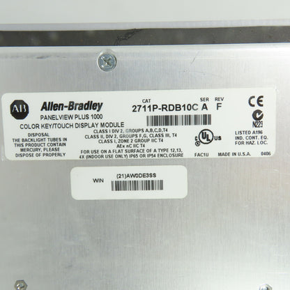 Allen-Bradley 2711P-B10C4D1 Panelview Plus 1000 Operator Interface Ser A Rev F