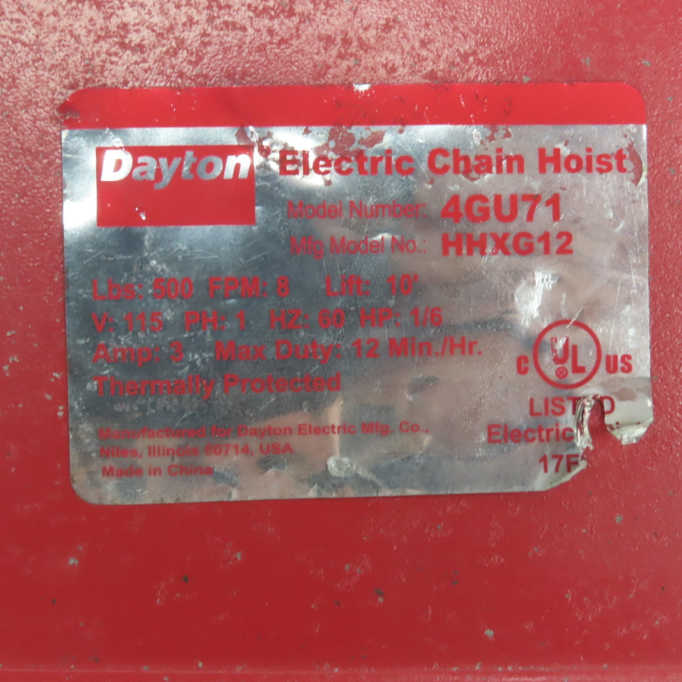 Dayton 4GU71 500lb Electric Chain Hoist 115V 1Ph 10' Lift 8FPM