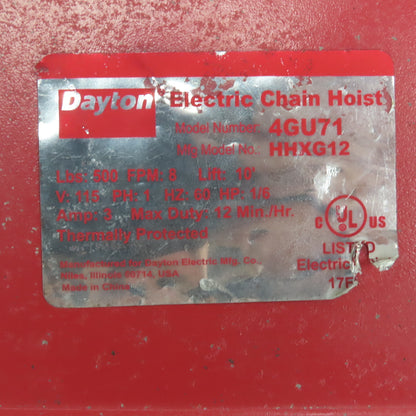 Dayton 4GU71 500lb Electric Chain Hoist 115V 1Ph 10' Lift 8FPM