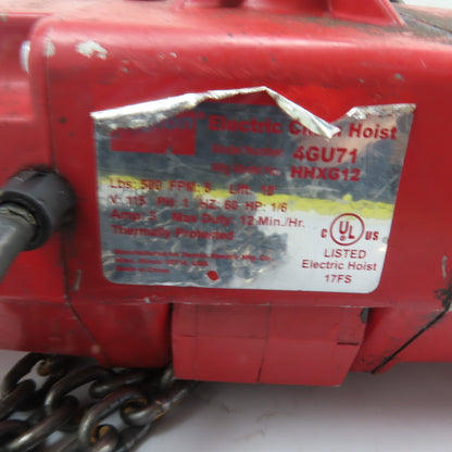 Dayton 4GU71 500lb Electric Chain Hoist 115V 1Ph 10' Lift 8FPM