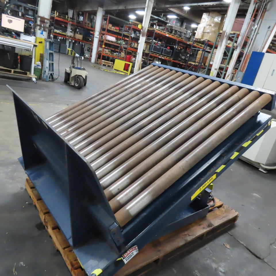 50" x 48" Hydraulic Roller Conveyor Ergonomic Tilt Table 2000lb Cap 45° 480V 3Ph