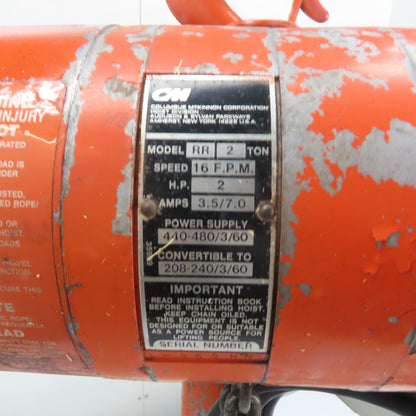 CM Lodestar Model RR 2Ton 4000LB Electric Chain Hoist 16FPM 240/480V 3Ph 15'Lift