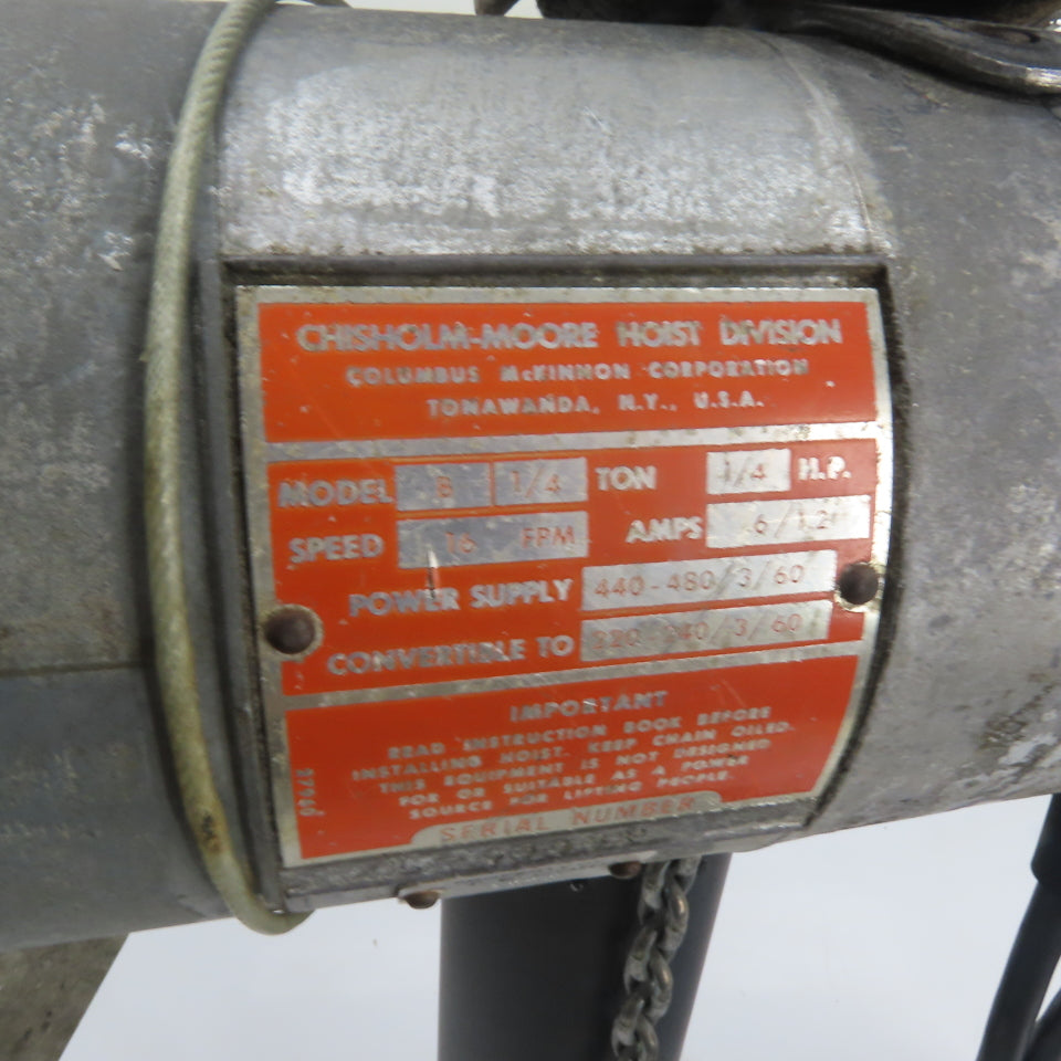 CM Lodestar Model B 1/4 Ton 500LB Electric Chain Hoist 3Ph 220-480V 35' Lift