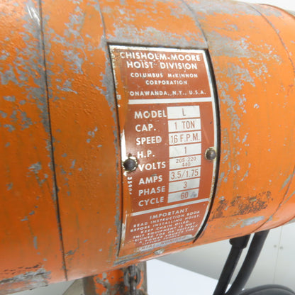 CM Lodestar Model L 1 Ton 2000LB Electric Chain Hoist 220/440V 3Ph 15' Lift