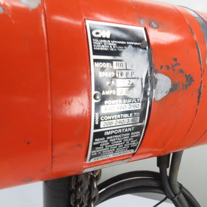 CM Lodestar Model RR 2Ton 4000LB Electric Chain Hoist 15'Lift 16FPM 440-480V 3Ph