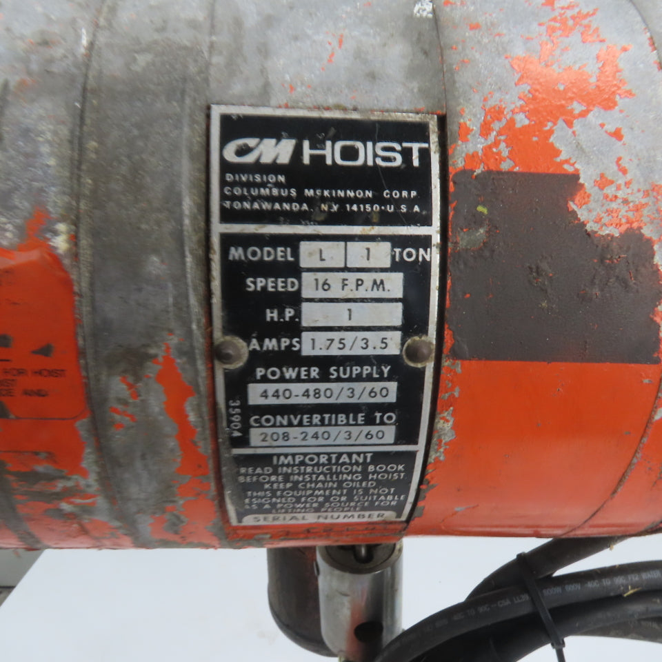 CM Model L 1 Ton 2000LB Electric Chain Hoist 10' Lift 240/480V 3Ph 16FPM