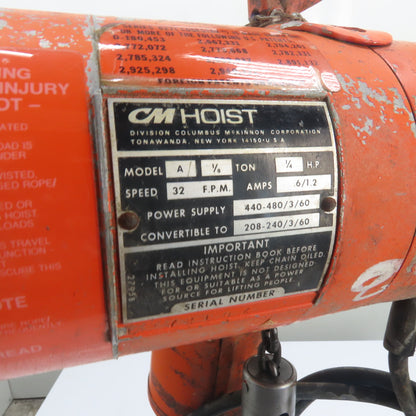 CM Lodestar Model A 1/8Ton 250LB Electric Chain Hoist 240/480V 3Ph 10'Lift 32FPM