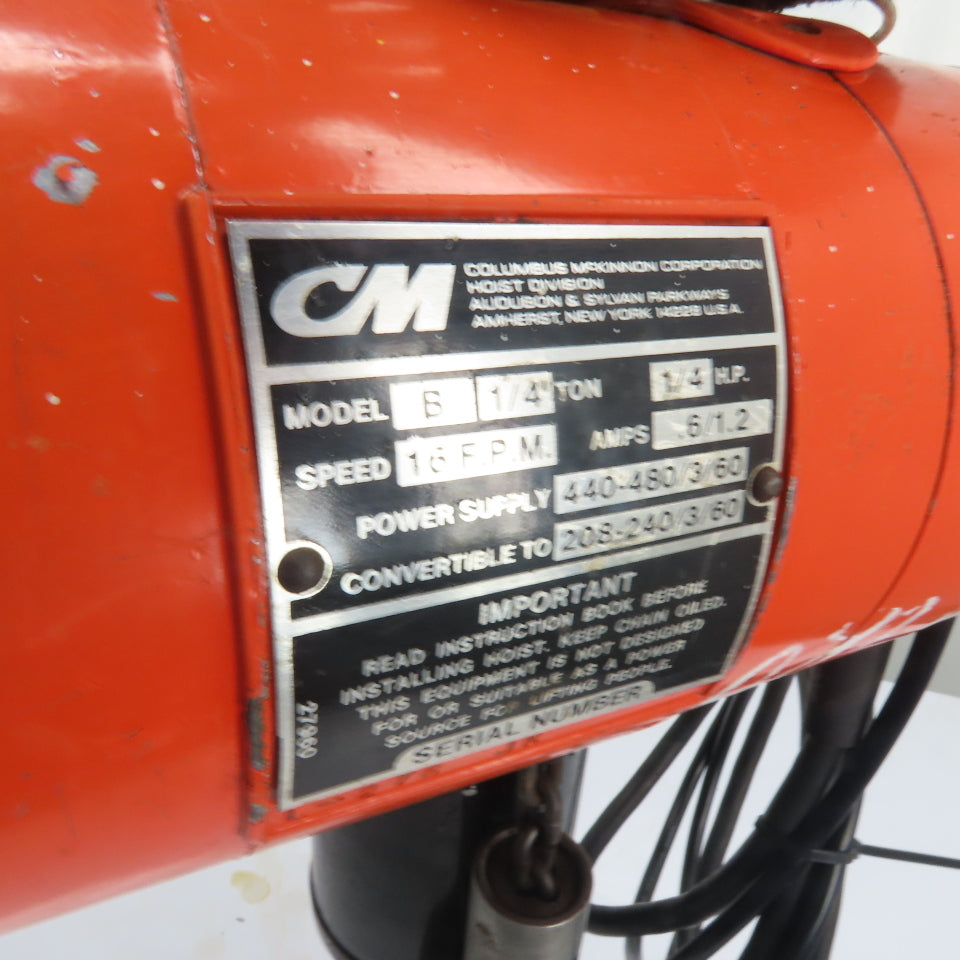 CM Lodestar Model B 1/4Ton 500LB Electric Chain Hoist 3Ph 240/480V 10'Lift 16FPM