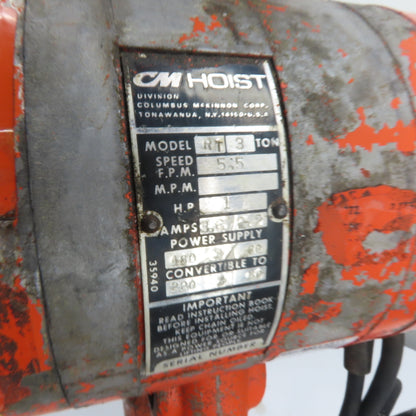 CM Model RT 3 Ton 6000LB Electric Chain Hoist 10' Lift 3Ph 220/460V 5.5FPM
