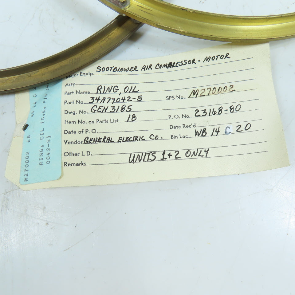 General Electric 34A77042-5 Split Brass Oil Ring Lot Of 2