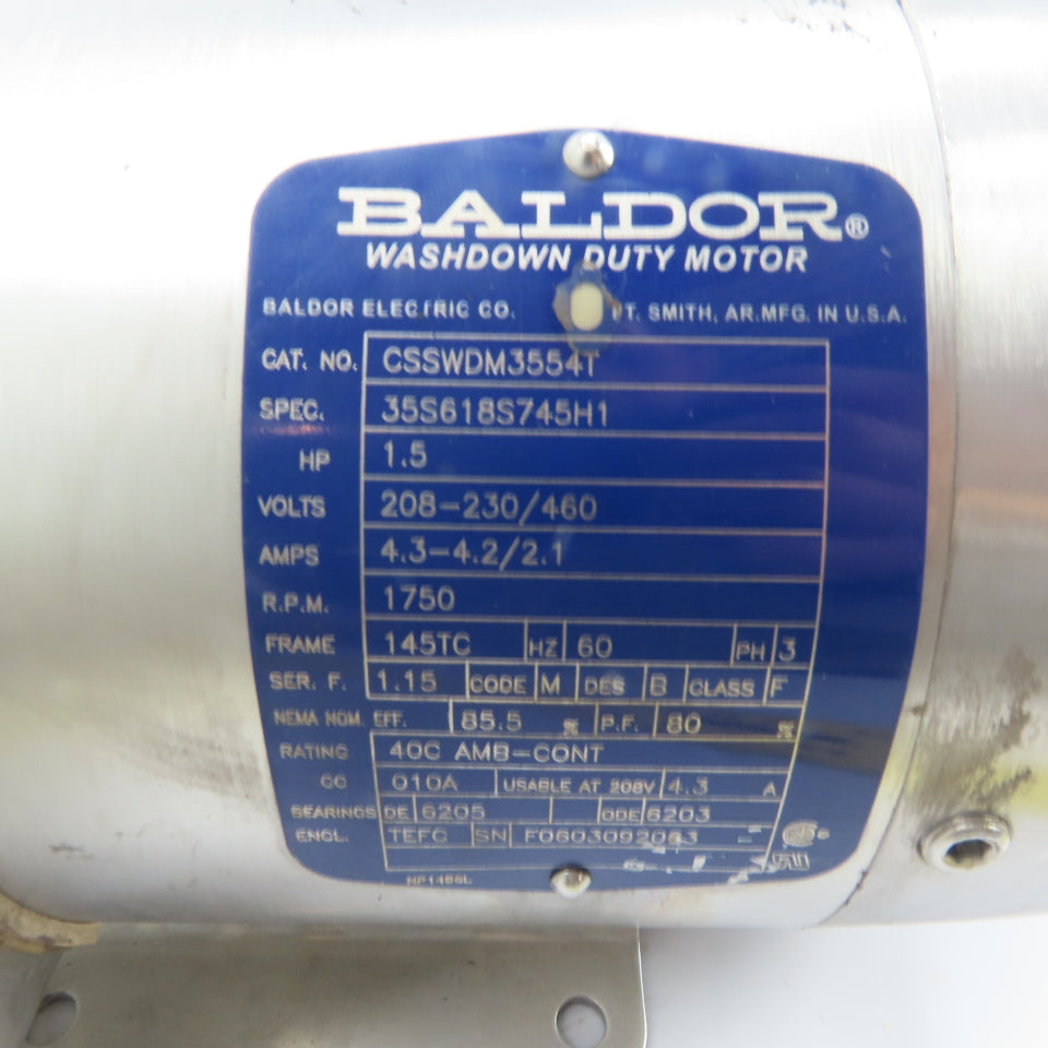 Baldor CSSWDM3554T 1.5HP SS Electric Motor 230/460V 3Ph 1750RPM 145TC Frame