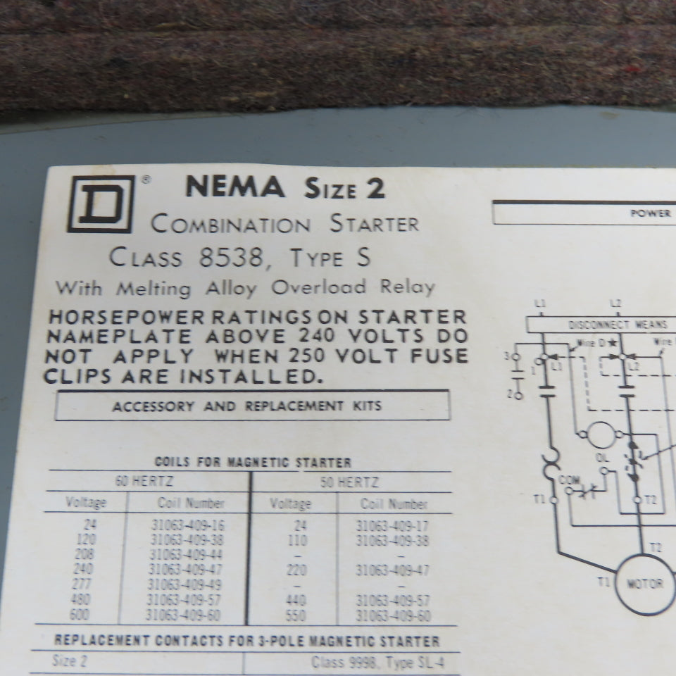 Square D 8538SDG-16 60A 3-Pole Fusible Combo Starter Disconnect Switch Size 2